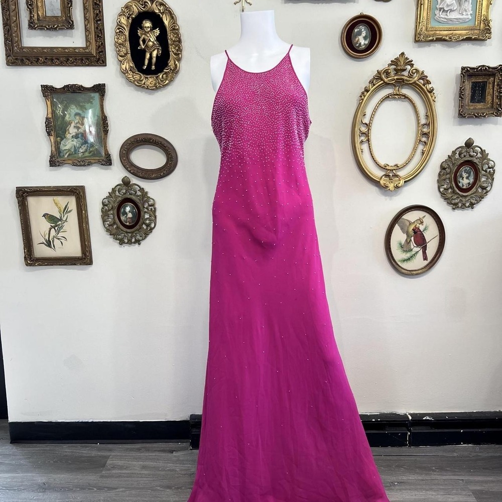 Chelsea Nites Vintage Formal Evening Dress Size 14 Hot Pink Beaded Gown